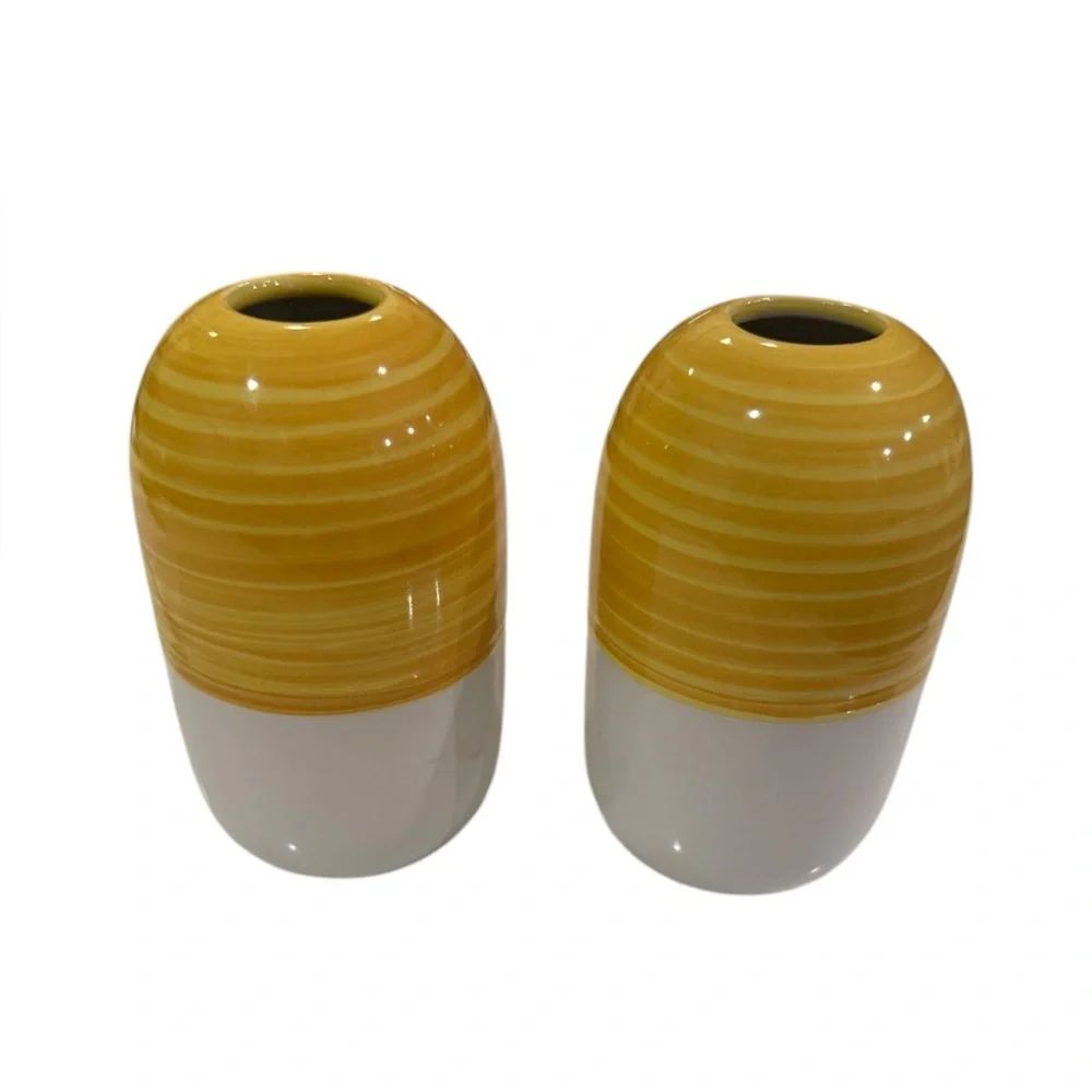 IKEA Knaprig Stoneware Beehive Cylinder Vases in Yellow and White Vintage